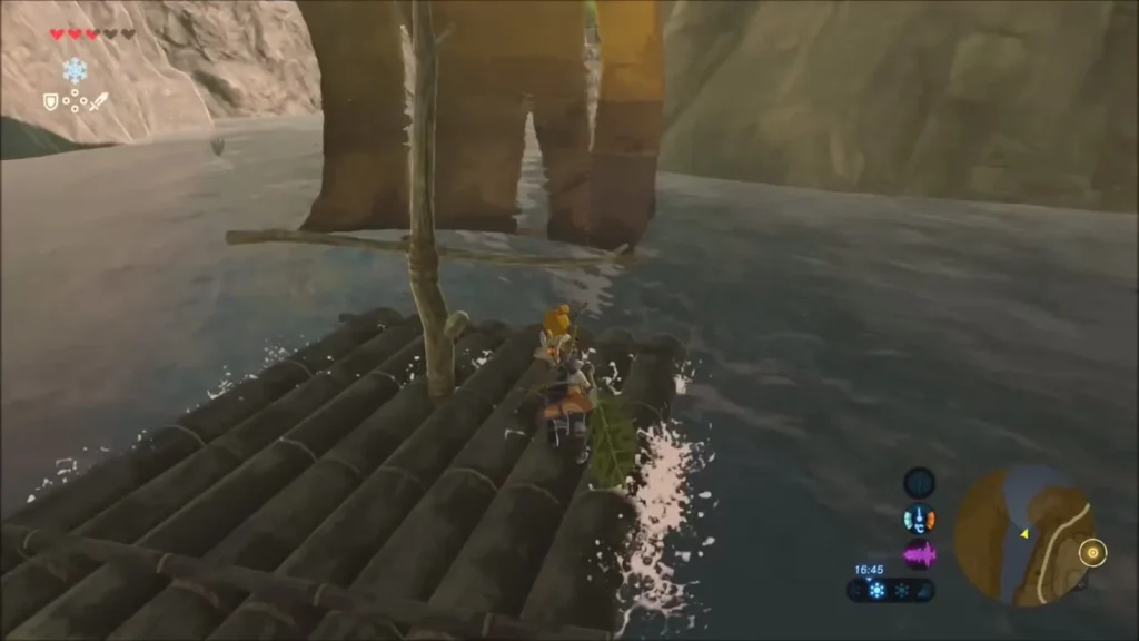 Raft carried downstream between canyon walls