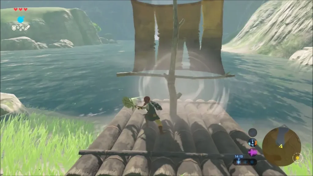 Link fanning a Korok leaf on a raft to fill the sail on the lake