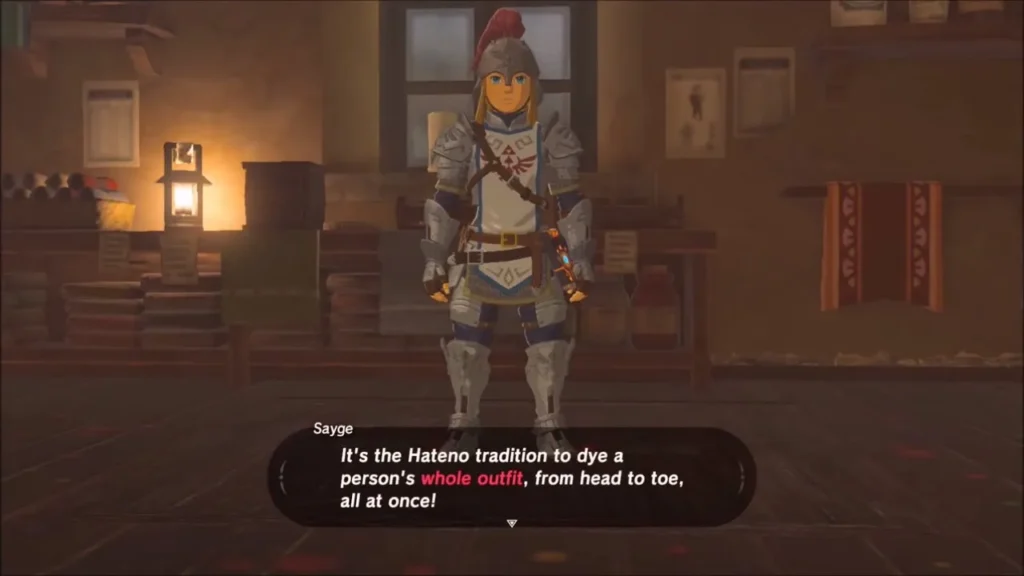 Link in Soldier's armor while Sayge explains Hateno's dye tradition