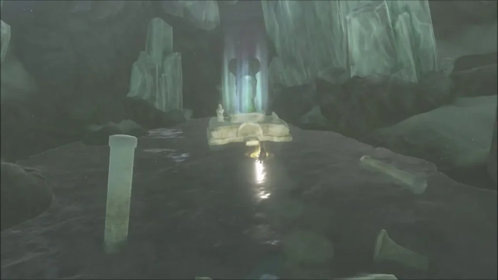 Light rising from the pool in front of the goddess statue