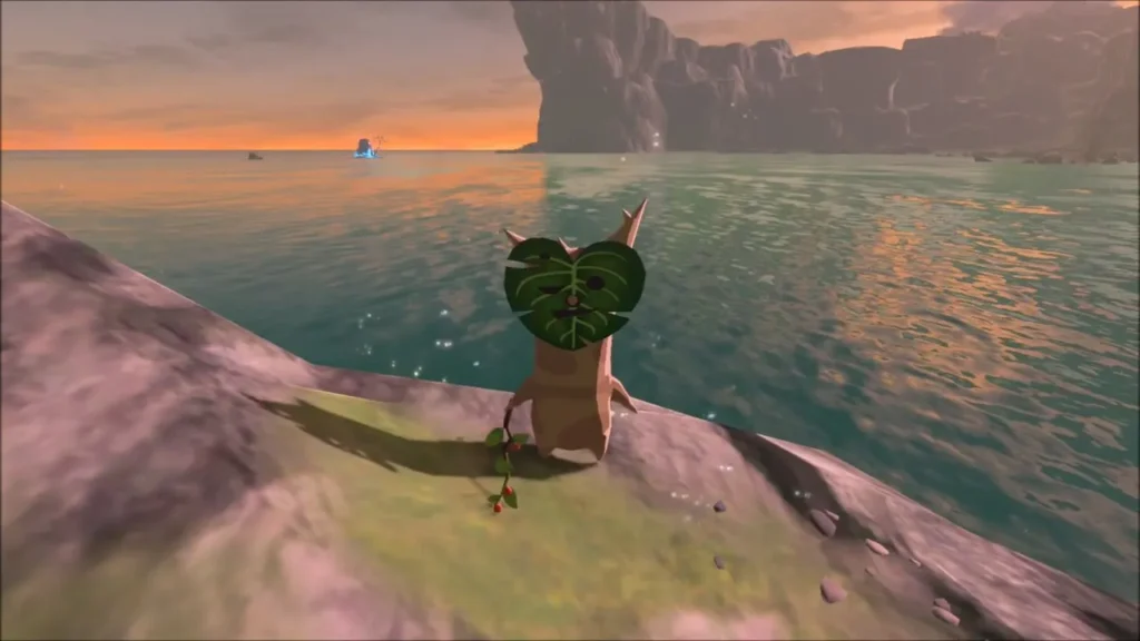 A Korok standing on top of the sea rock looking out over the water