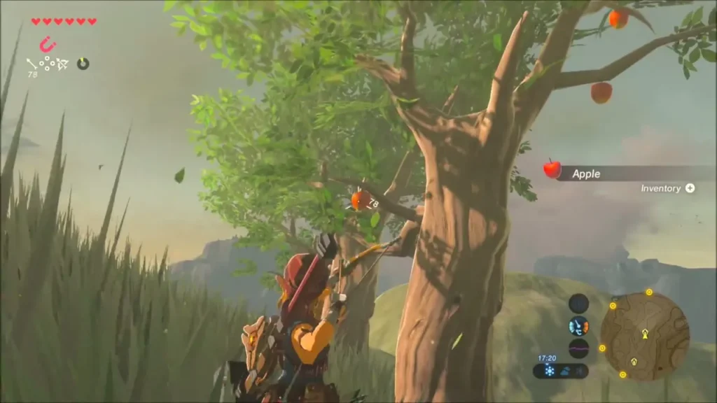 Link shaking apples down from a tree