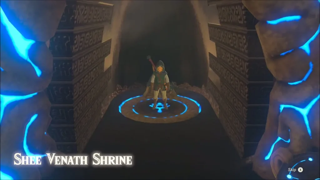 Link standing on the Shee Venath Shrine entrance platform