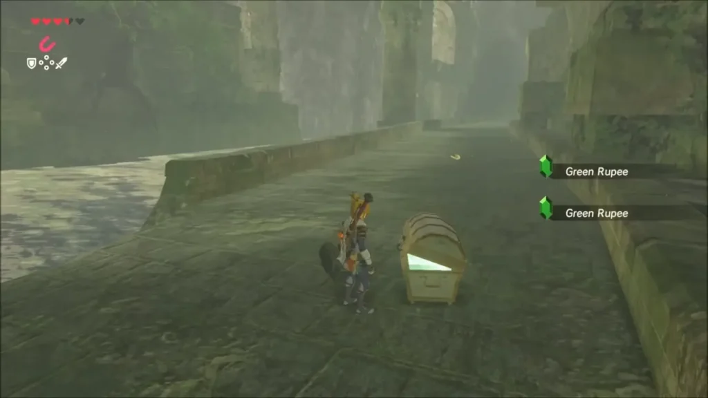 Link beside the opened chest on the walkway as Green Rupees are collected