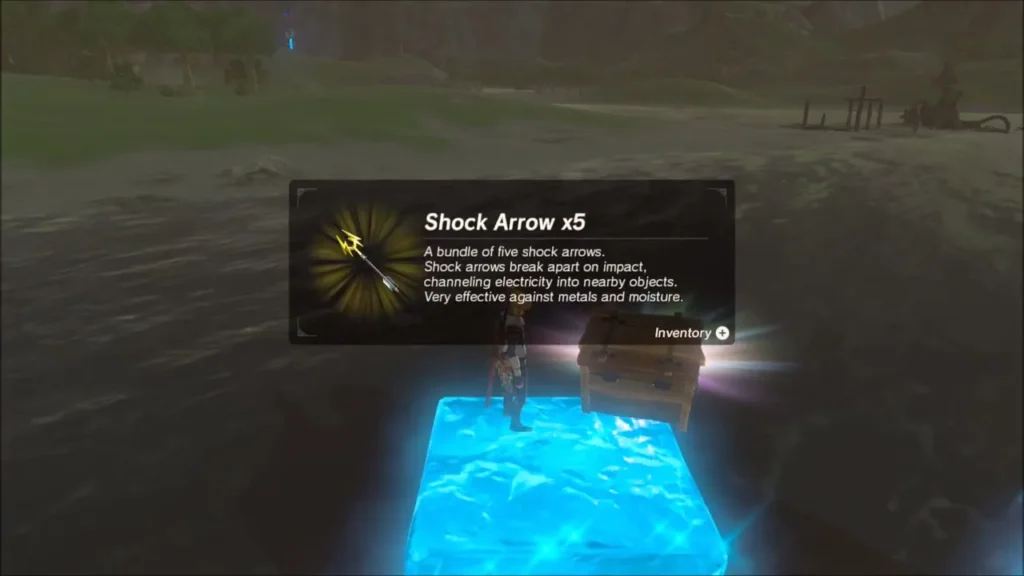 Link on an ice block beside a chest with the Shock Arrow x5 item box