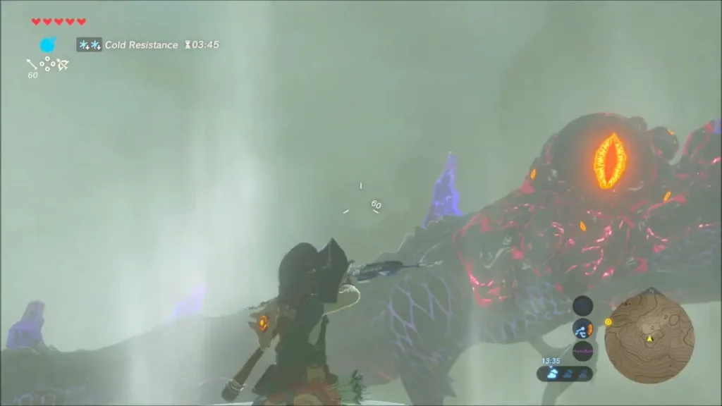 Link drawing his bow at a glowing Malice eyeball on Naydra's head