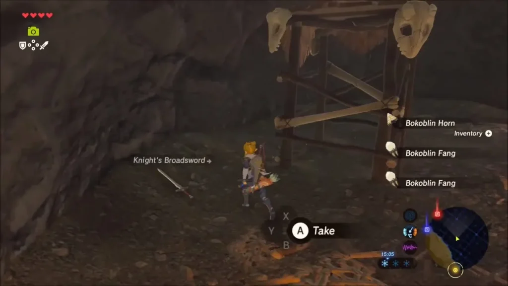 Knight's Broadsword and Bokoblin Horn and Fang drops inside the cave