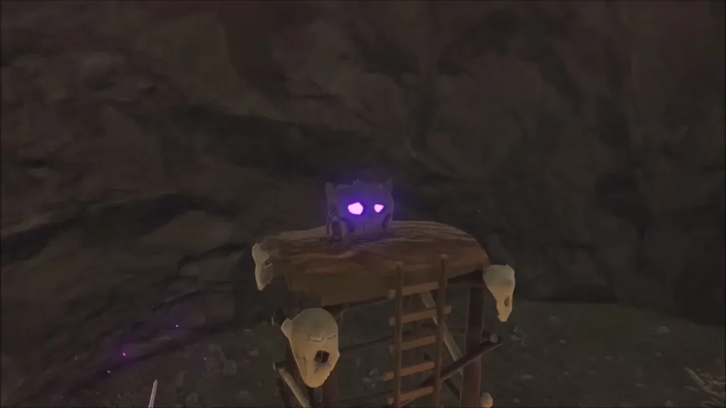 Treasure chest on a wooden platform inside the skull cave