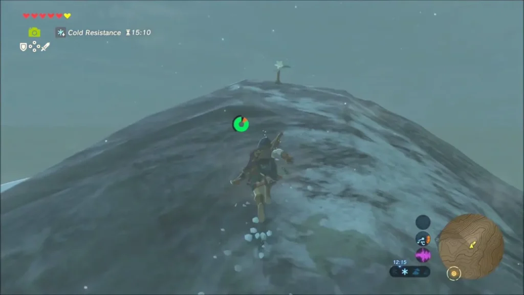 Link running up a snowy summit toward a Korok on the peak