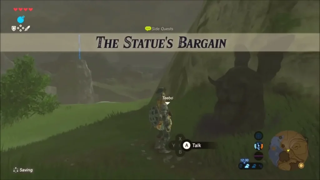 The Statue's Bargain quest banner with Link and Teebo beside the statue