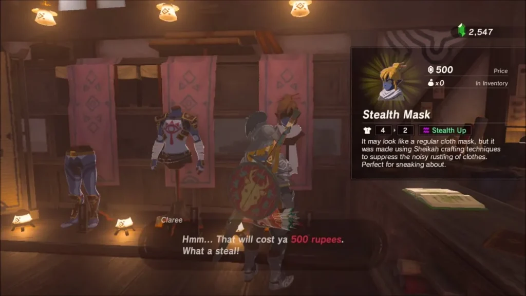 Stealth Mask priced at 500 rupees in the Kakariko clothing shop