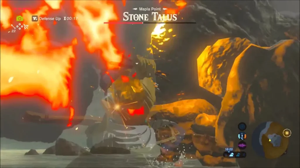 Fire erupting around the Stone Talus as Link attacks it