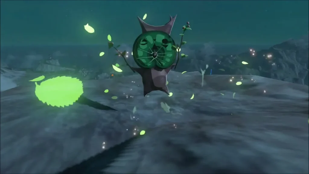 A Korok appearing on the summit in a burst of leaves