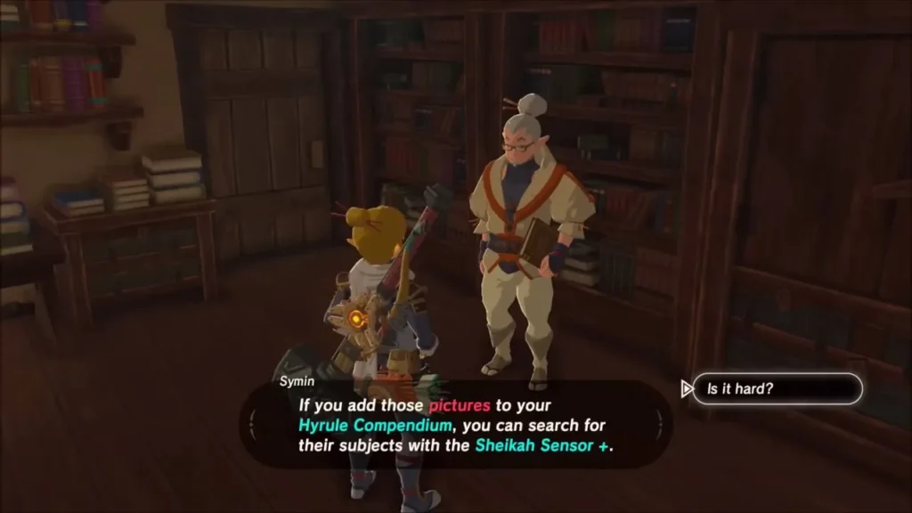 Symin explaining Compendium pictures can be searched with the Sheikah Sensor