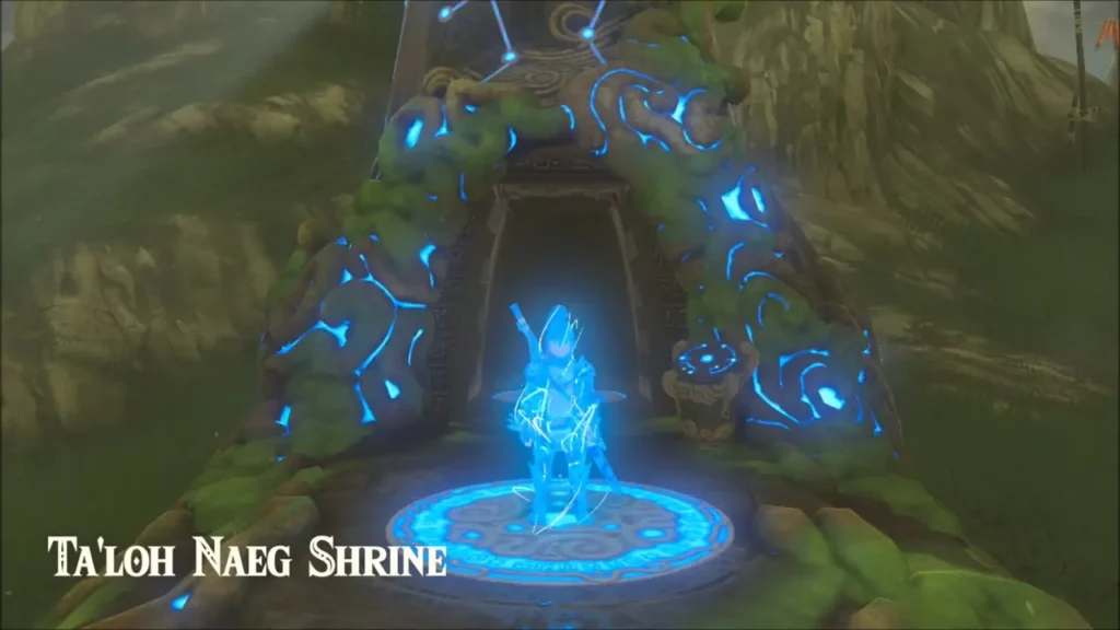 Ta'loh Naeg Shrine entrance with Link on the glowing fast-travel pad