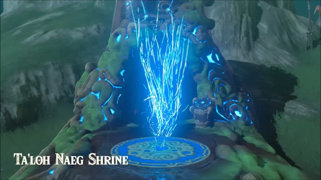 Ta'loh Naeg Shrine title card above the shrine's glowing blue warp pad