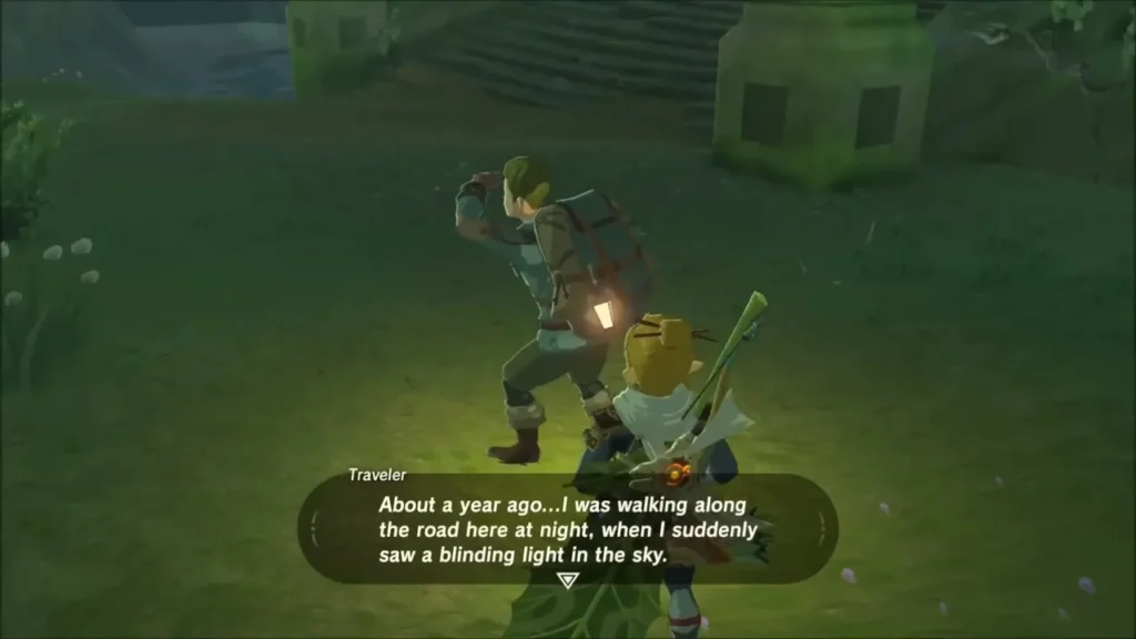 A lone traveller telling his story to Link by lantern light at night