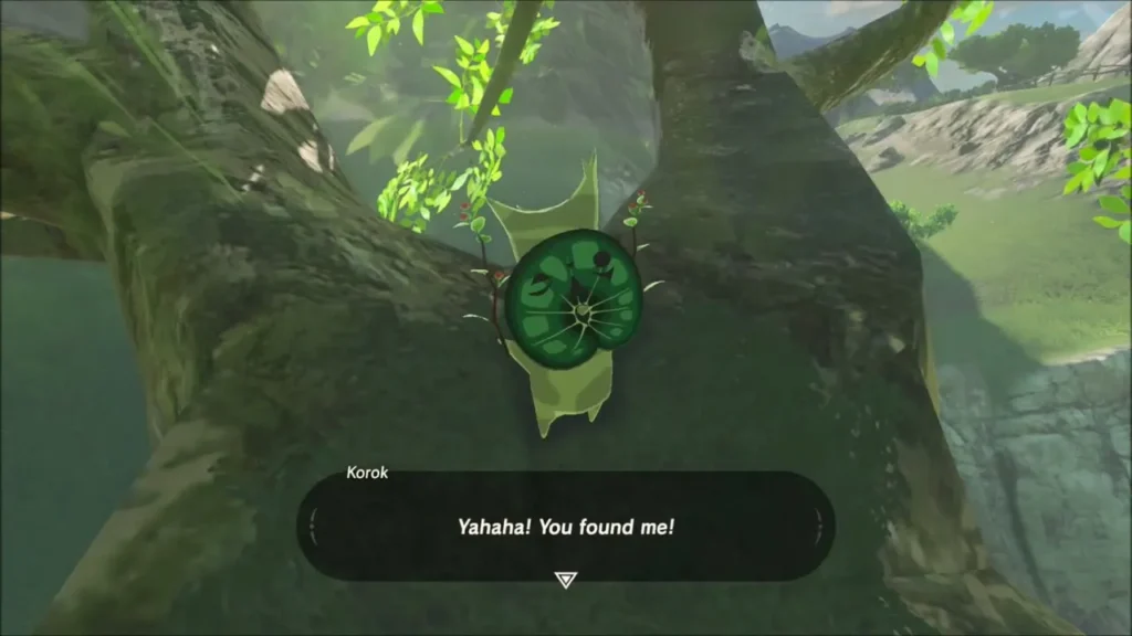 A Korok in the fork of the tree saying Yahaha