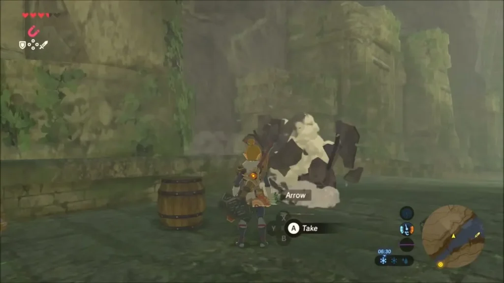 Link beside a barrel and crate pile on the walkway, picking up an arrow
