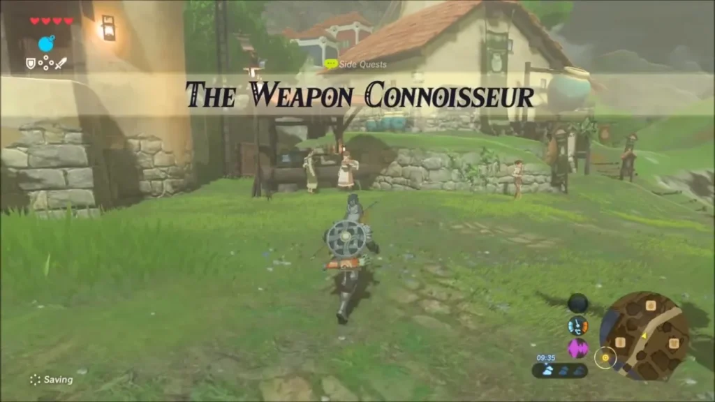 The Weapon Connoisseur quest title shown as Link runs through the village
