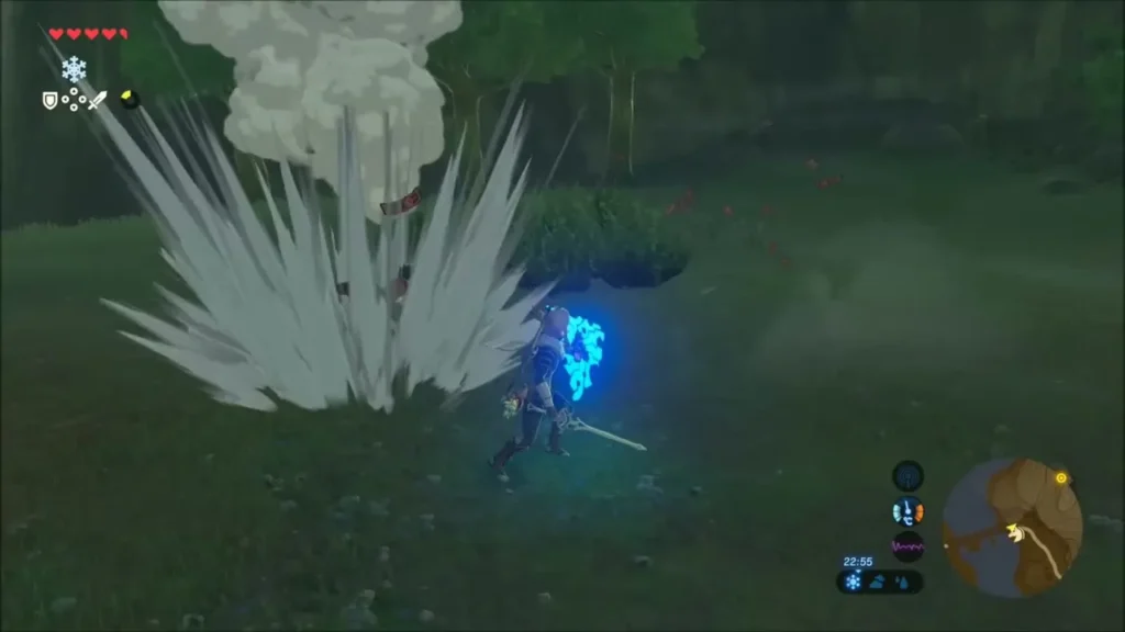 Link swinging at a Yiga Footsoldier amid a burst of dust