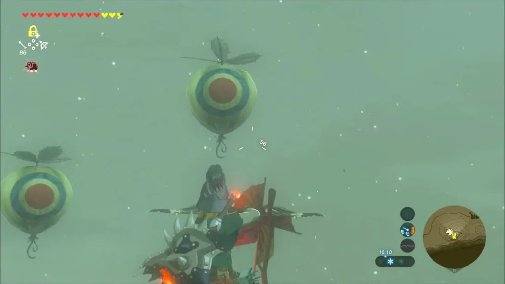 Link on horseback with bow drawn near floating bullseye balloon targets in snow Link on horseback with bow drawn near floating bullseye balloon targets in snow
