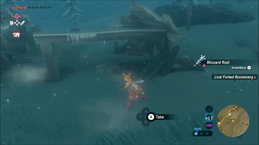 Link beside a collapsed wooden building in the snow, picking up a Blizzard Rod Link beside a collapsed wooden building in the snow, picking up a Blizzard Rod