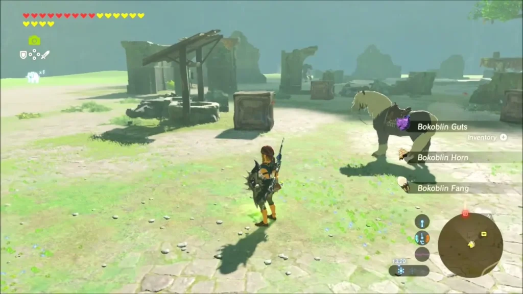 Link standing in the ruins as Bokoblin Guts, Horn and Fang drop to the ground Link standing in the ruins as Bokoblin Guts, Horn and Fang drop to the ground