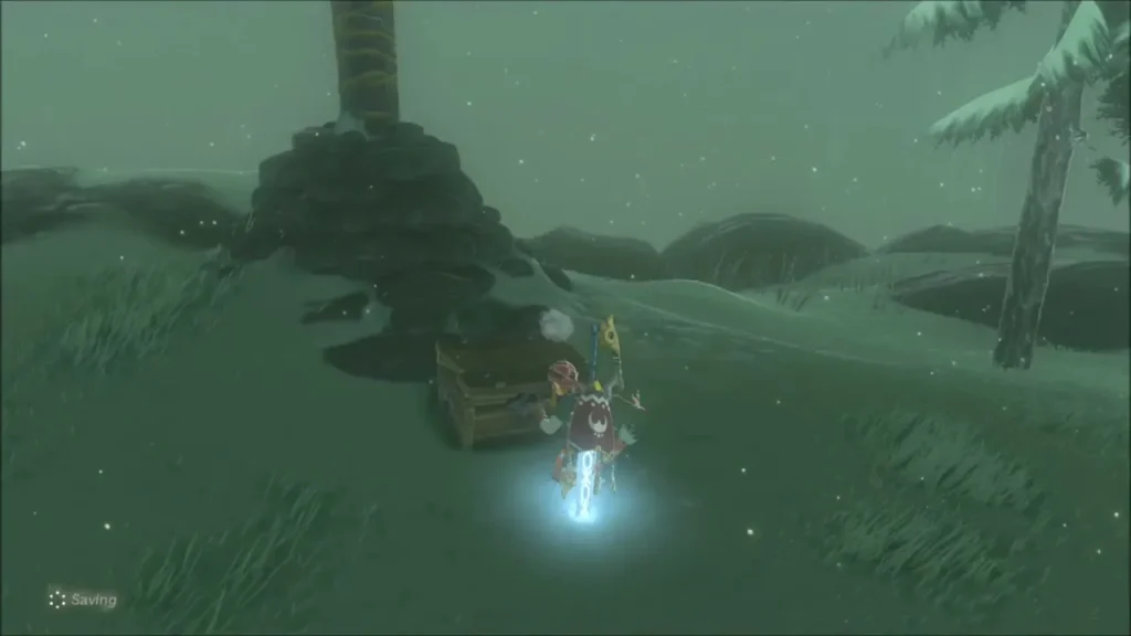 Link beside a wooden chest on a snowy slope Link beside a wooden chest on a snowy slope