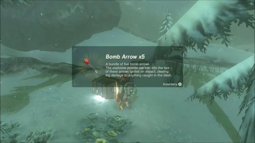 Link opening a chest and receiving five Bomb Arrows Link opening a chest and receiving five Bomb Arrows
