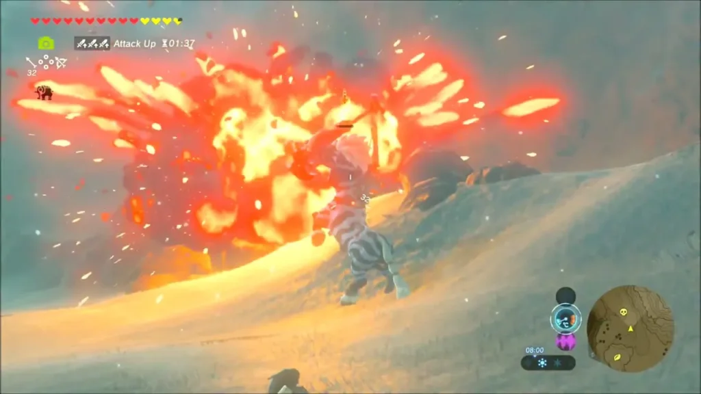 A bomb explosion engulfing the Lynel as Link rides past A bomb explosion engulfing the Lynel as Link rides past