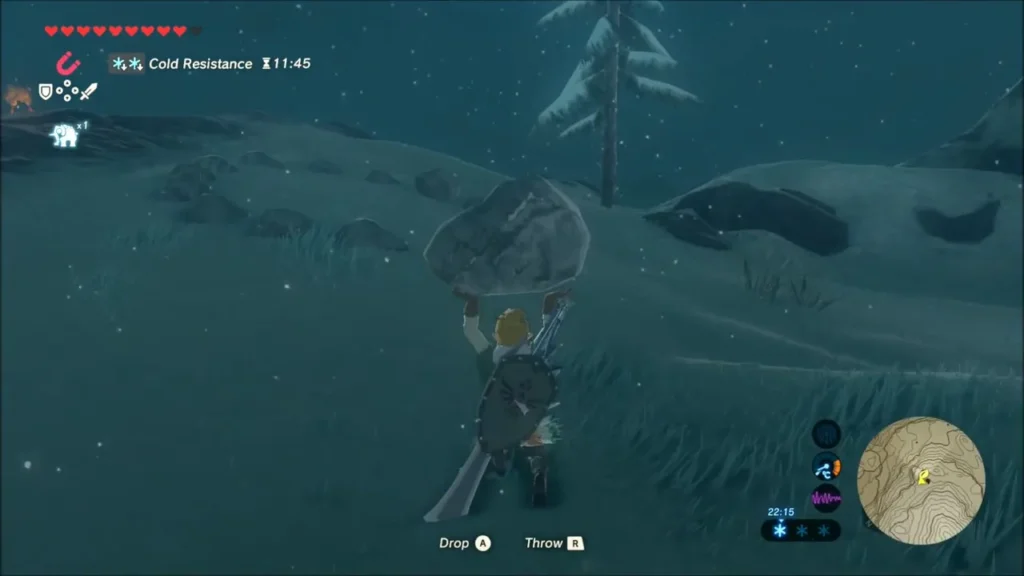Link lifting a boulder overhead on a snowy hillside at night Link lifting a boulder overhead on a snowy hillside at night