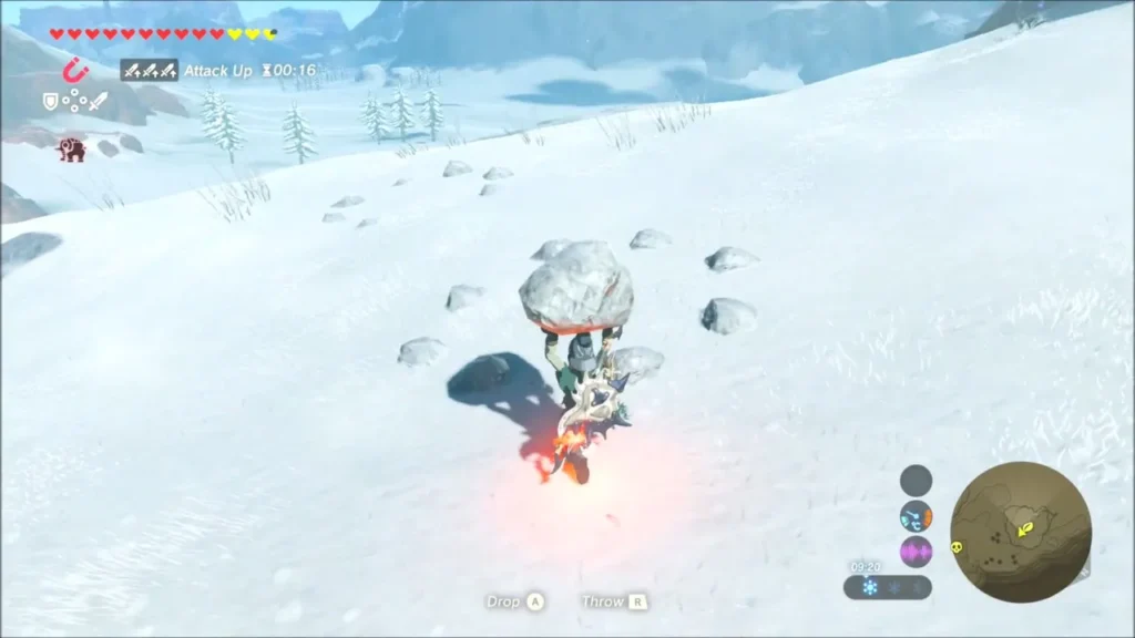 Link carrying a heavy rock over the snow toward the ring of stones Link carrying a heavy rock over the snow toward the ring of stones