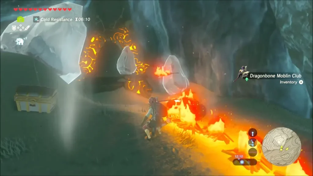 Chest in the cave beside burning wood and a Dragonbone Moblin Club Chest in the cave beside burning wood and a Dragonbone Moblin Club