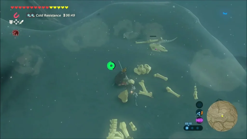 Link approaching a snowy ridge strewn with old bones Link approaching a snowy ridge strewn with old bones