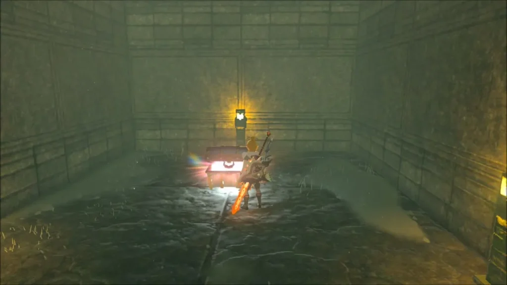 Link standing at a glowing chest in a dead-end room of the maze Link standing at a glowing chest in a dead-end room of the maze