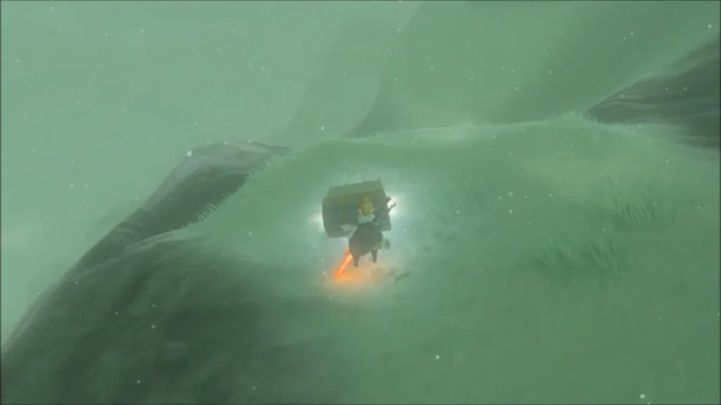 Treasure chest landing beside Link on a misty snowy slope Treasure chest landing beside Link on a misty snowy slope