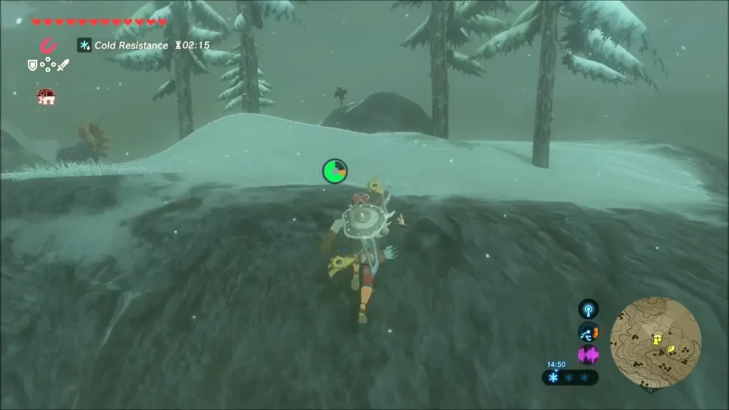 Link climbing a dark rock cliff toward a snowy crest Link climbing a dark rock cliff toward a snowy crest