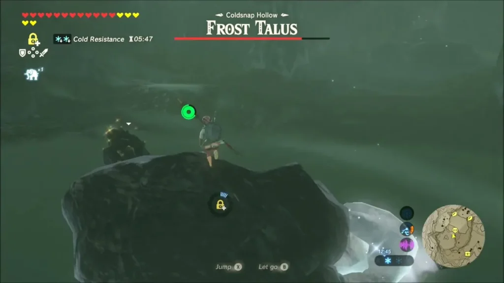 Link standing on the dark rocky back of the Frost Talus Link standing on the dark rocky back of the Frost Talus