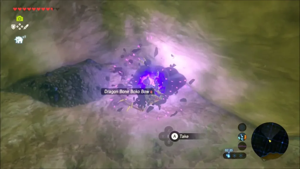 Dragon Bone Boko Bow dropped in a purple burst after a Bokoblin is defeated in the cave Dragon Bone Boko Bow dropped in a purple burst after a Bokoblin is defeated in the cave
