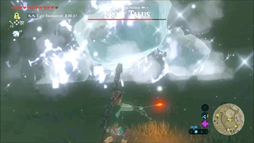 Link fires a fire arrow at the Frost Talus while it crackles with ice Link fires a fire arrow at the Frost Talus while it crackles with ice