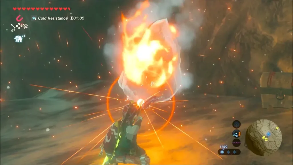 Link shooting a fire arrow at an ice block, a chest at the right Link shooting a fire arrow at an ice block, a chest at the right
