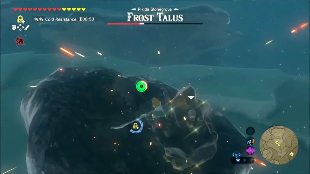 Link on the Talus striking the glowing ore deposit as its health bar drops Link on the Talus striking the glowing ore deposit as its health bar drops