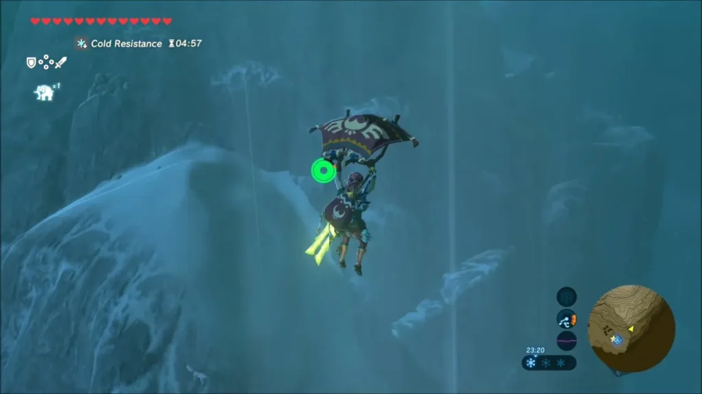 Link gliding down a snowy cliff face in the dark Link gliding down a snowy cliff face in the dark