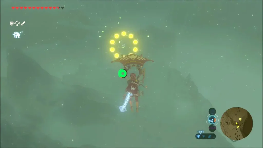 Link gliding down through thick fog toward a Korok ring Link gliding down through thick fog toward a Korok ring