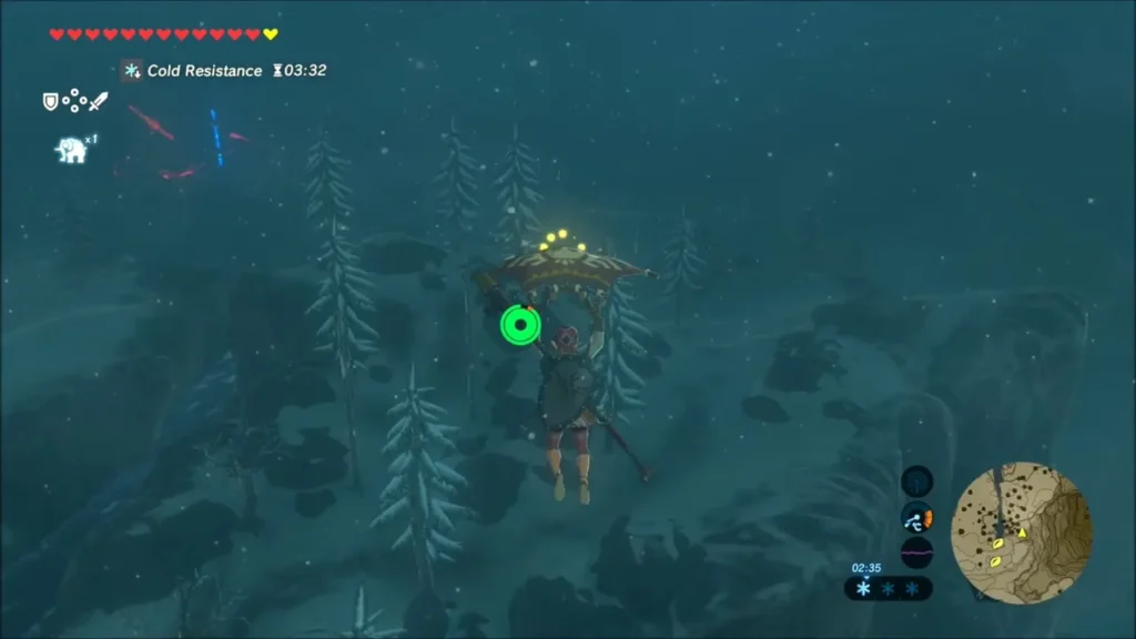 Link gliding over snowy pines toward a Korok Seed glow Link gliding over snowy pines toward a Korok Seed glow