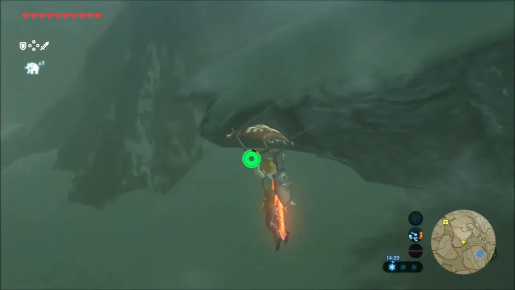Link gliding beneath a rocky overhang toward the next hill Link gliding beneath a rocky overhang toward the next hill