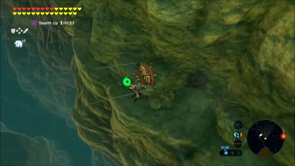 Link gliding down a cliff face toward a cave entrance Link gliding down a cliff face toward a cave entrance
