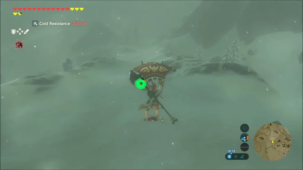 Link gliding down through the snowstorm toward the shrine Link gliding down through the snowstorm toward the shrine