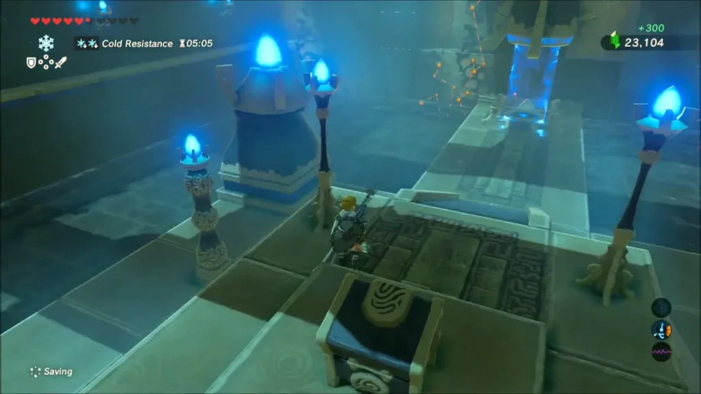 Link beside an opened chest as the rupee counter gains 300 inside the shrine Link beside an opened chest as the rupee counter gains 300 inside the shrine